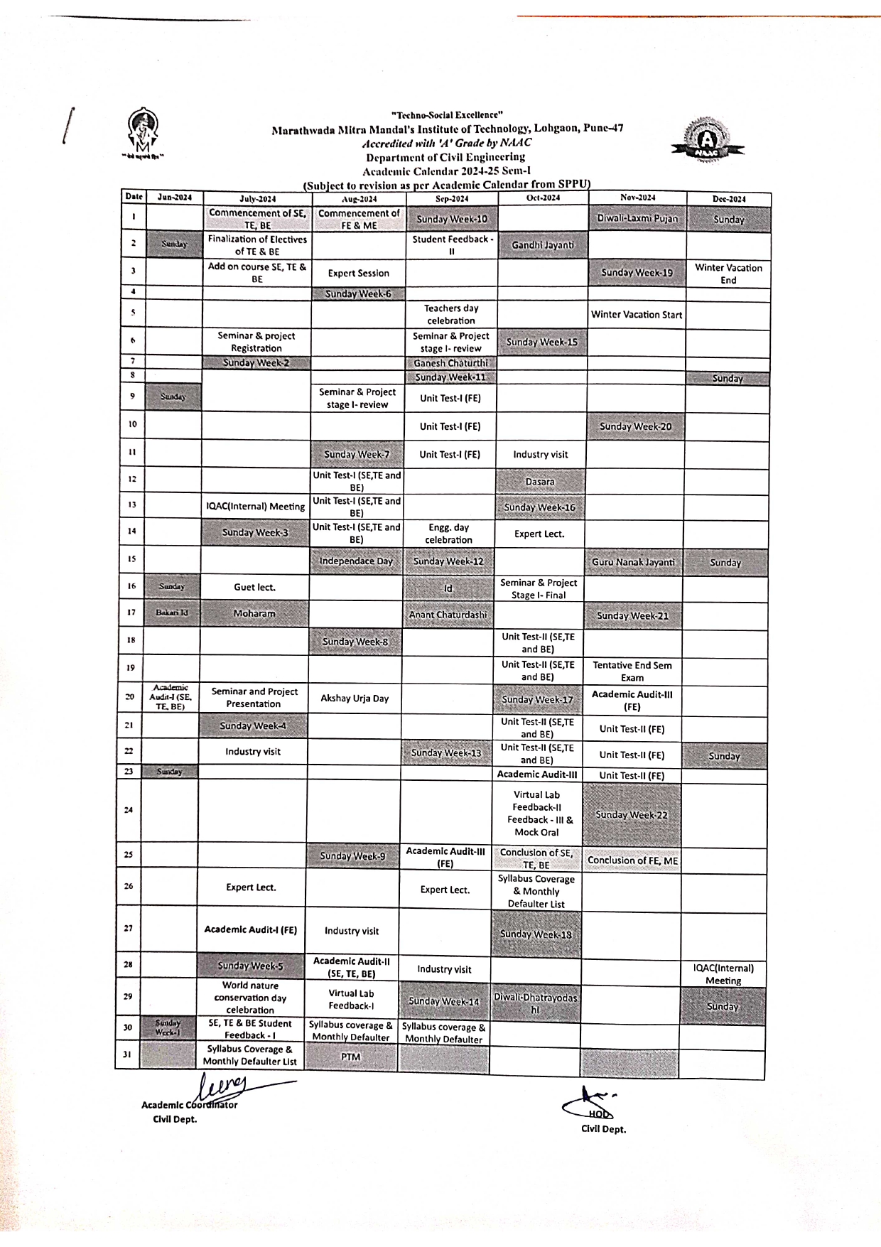 Dept. Academic Calender I
